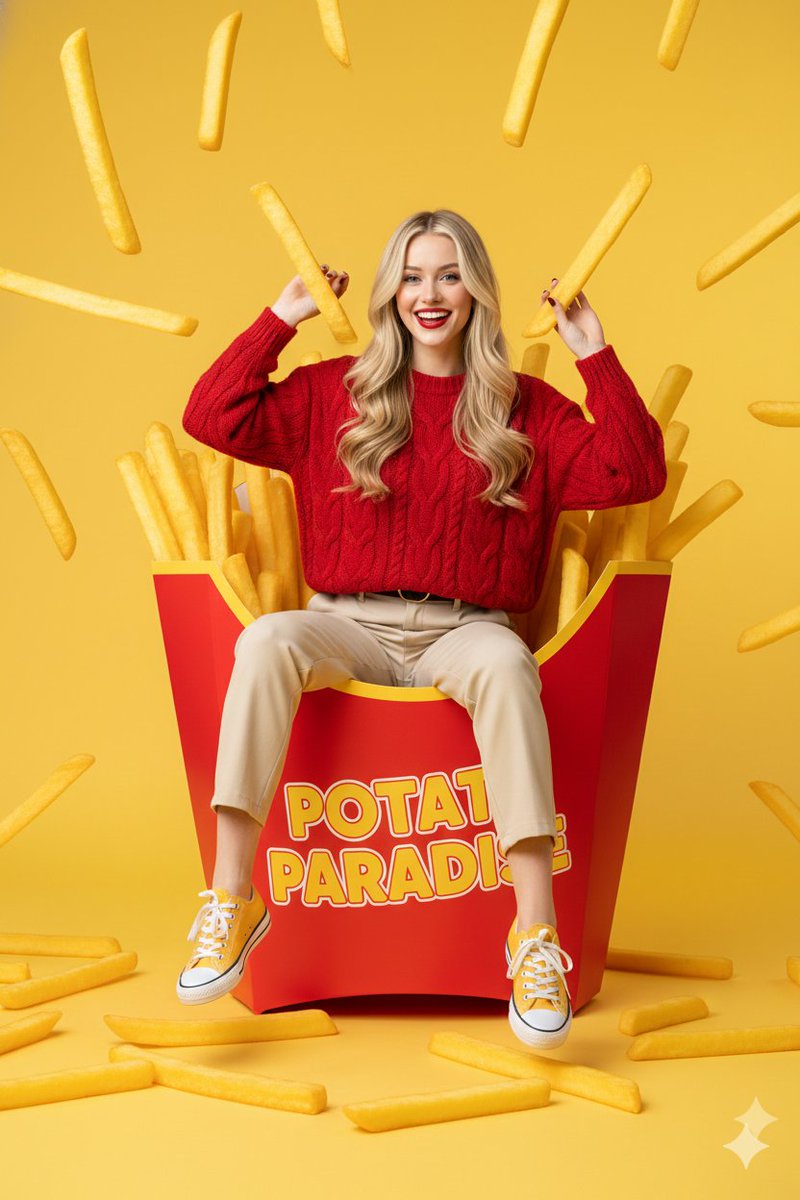 Surreal Commercial Photography: Woman in Giant French Fry Carton — Nano Banana Pro AI Generated Image