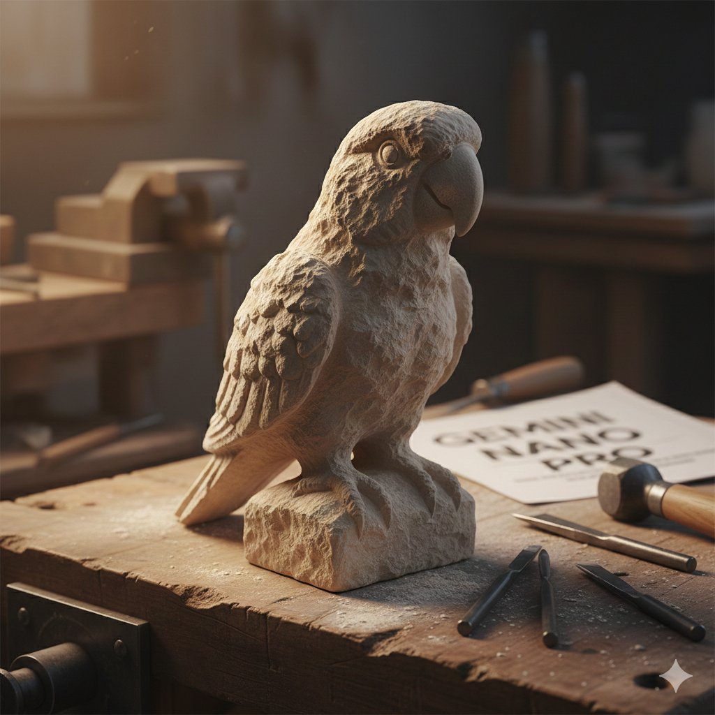 Stone-Carved Pet Statue on Workbench — Nano Banana Pro AI Generated Image