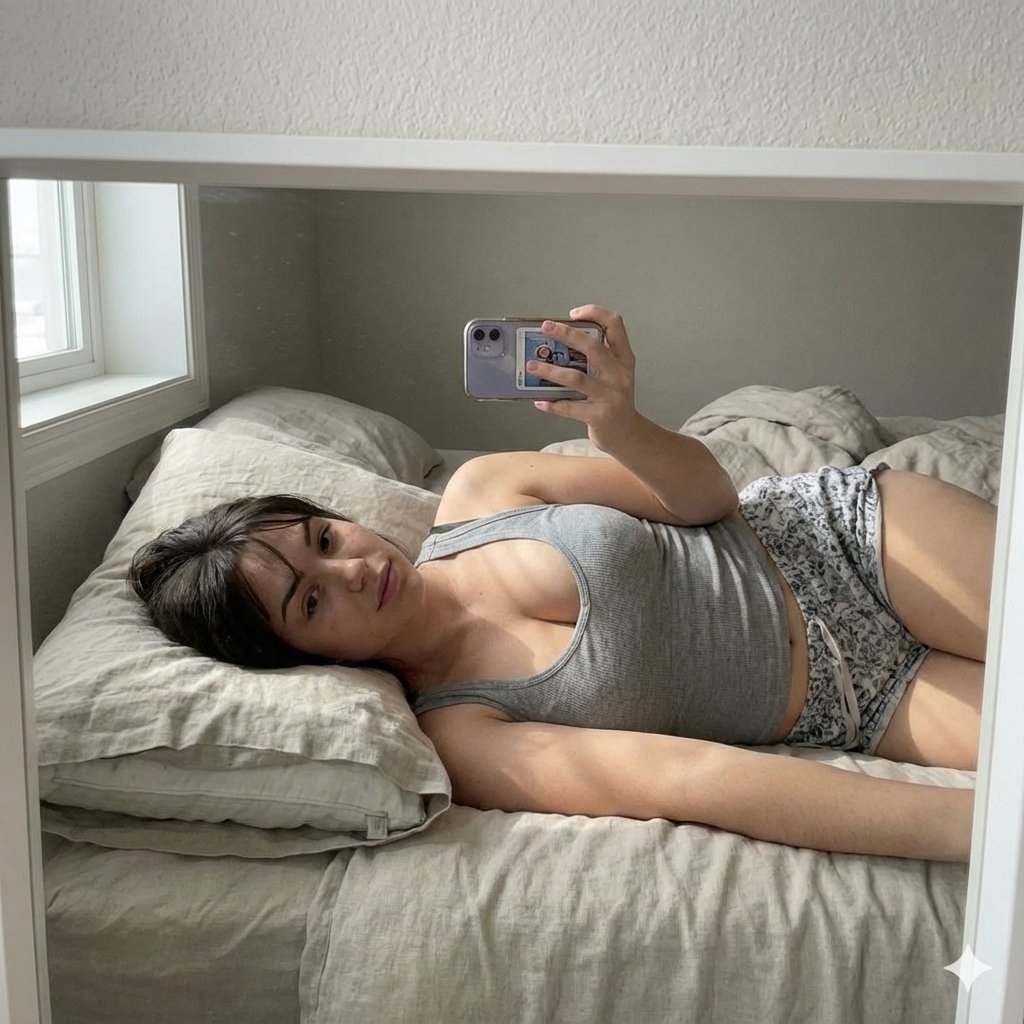 Cozy Bed Mirror Selfie in Loungewear — Nano Banana Pro AI Generated Image