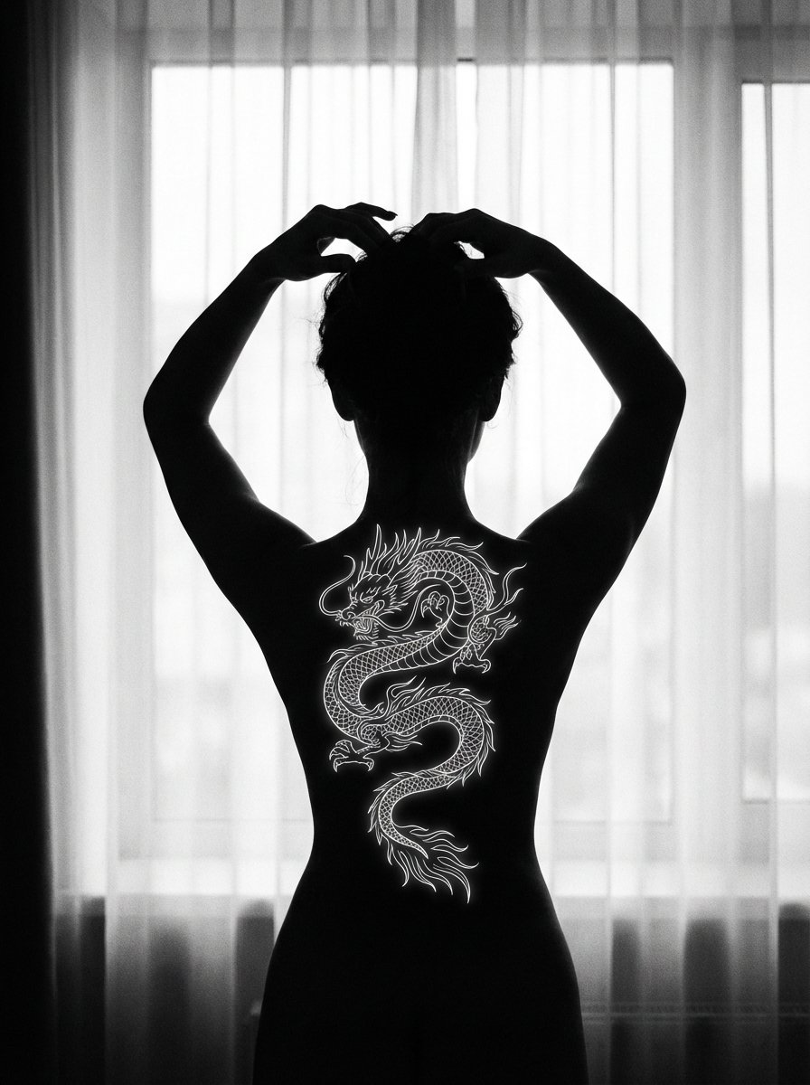 Fine-Art Silhouette with Glowing Dragon Tattoo — Nano Banana Pro AI Generated Image