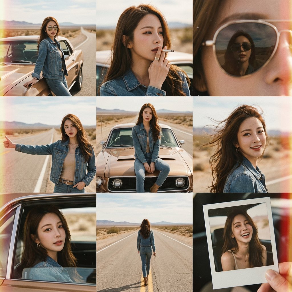 Vintage 70s Desert Highway 3x3 Grid Collage — Nano Banana Pro AI Generated Image