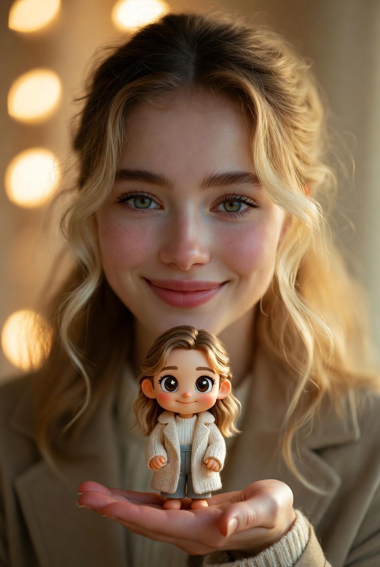 Cinematic Portrait with Miniature Chibi Figurine — Nano Banana Pro AI Generated Image