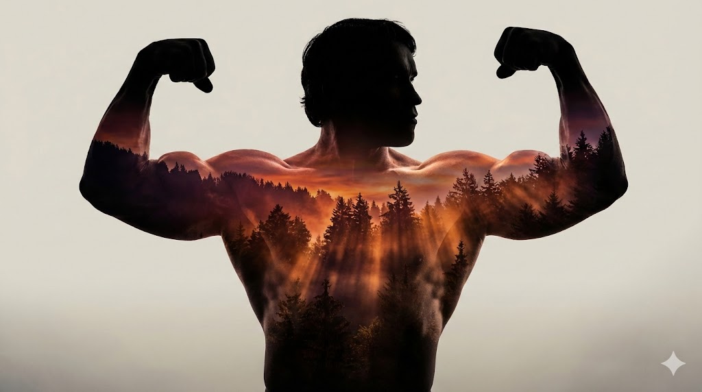 Arnold Schwarzenegger Silhouette with Volumetric Mountain Forest — Nano Banana Pro AI Generated Image