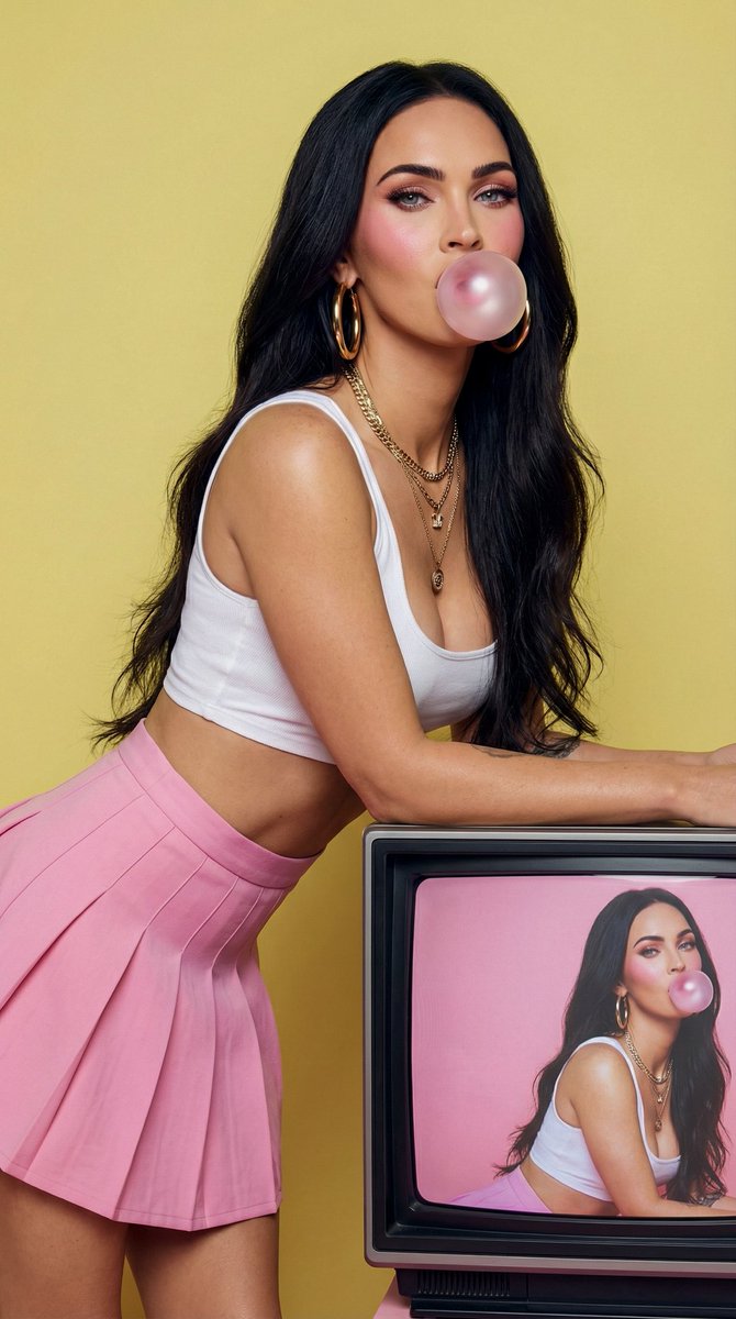 Fashion Editorial: Woman Blowing Bubblegum on Retro TV — Nano Banana Pro AI Generated Image