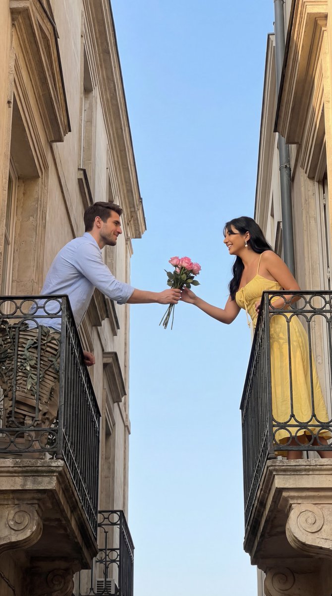 Cinematic Romantic Editorial: Balcony Flower Exchange — Nano Banana Pro AI Generated Image
