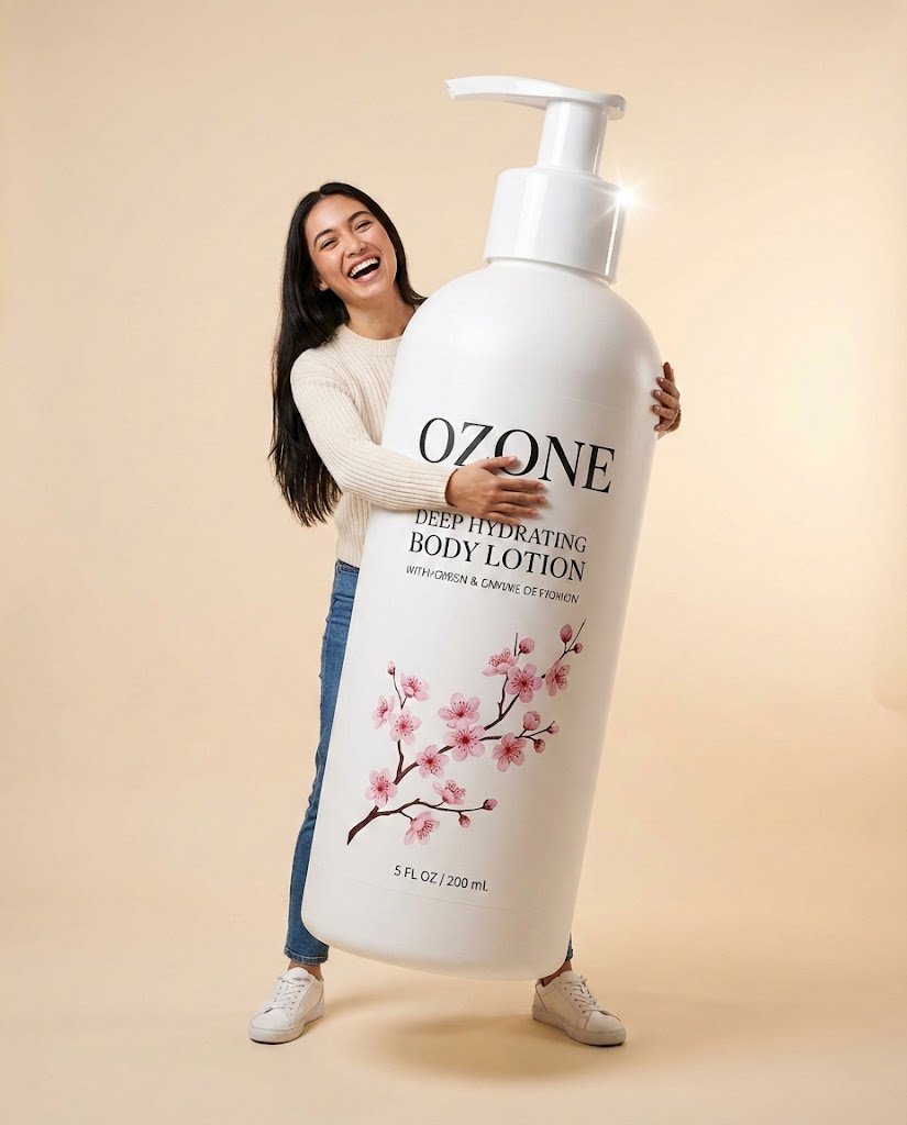 Studio Commercial Shot of Woman Hugging Giant Lotion Bottle — Nano Banana Pro AI Generated Image
