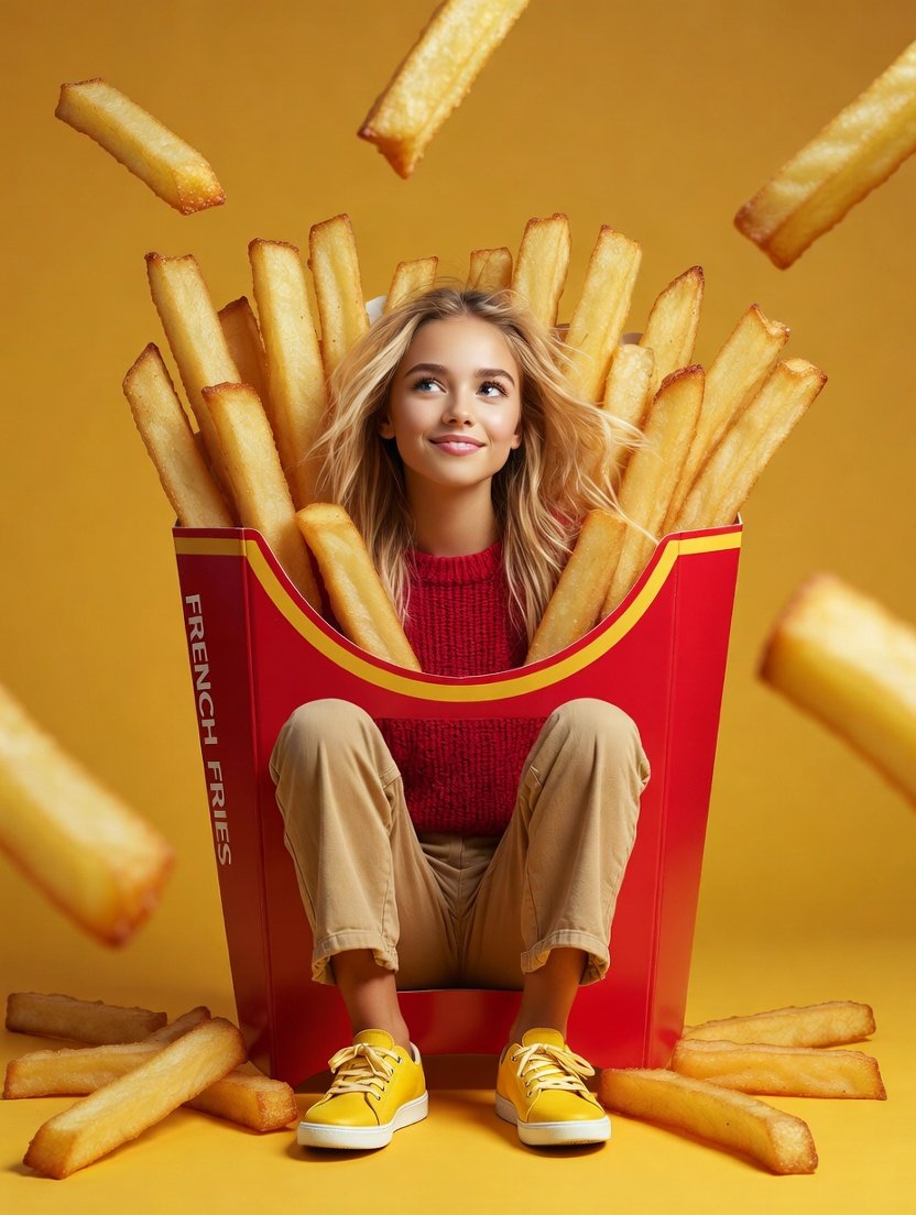 Surreal Commercial Photography of Woman in Giant French Fry Carton — Nano Banana Pro AI Generated Image