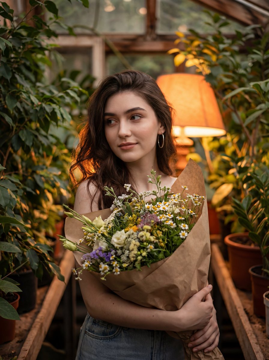 Atmospheric Portrait with Flowers and Warm Lighting — Nano Banana Pro AI Generated Image