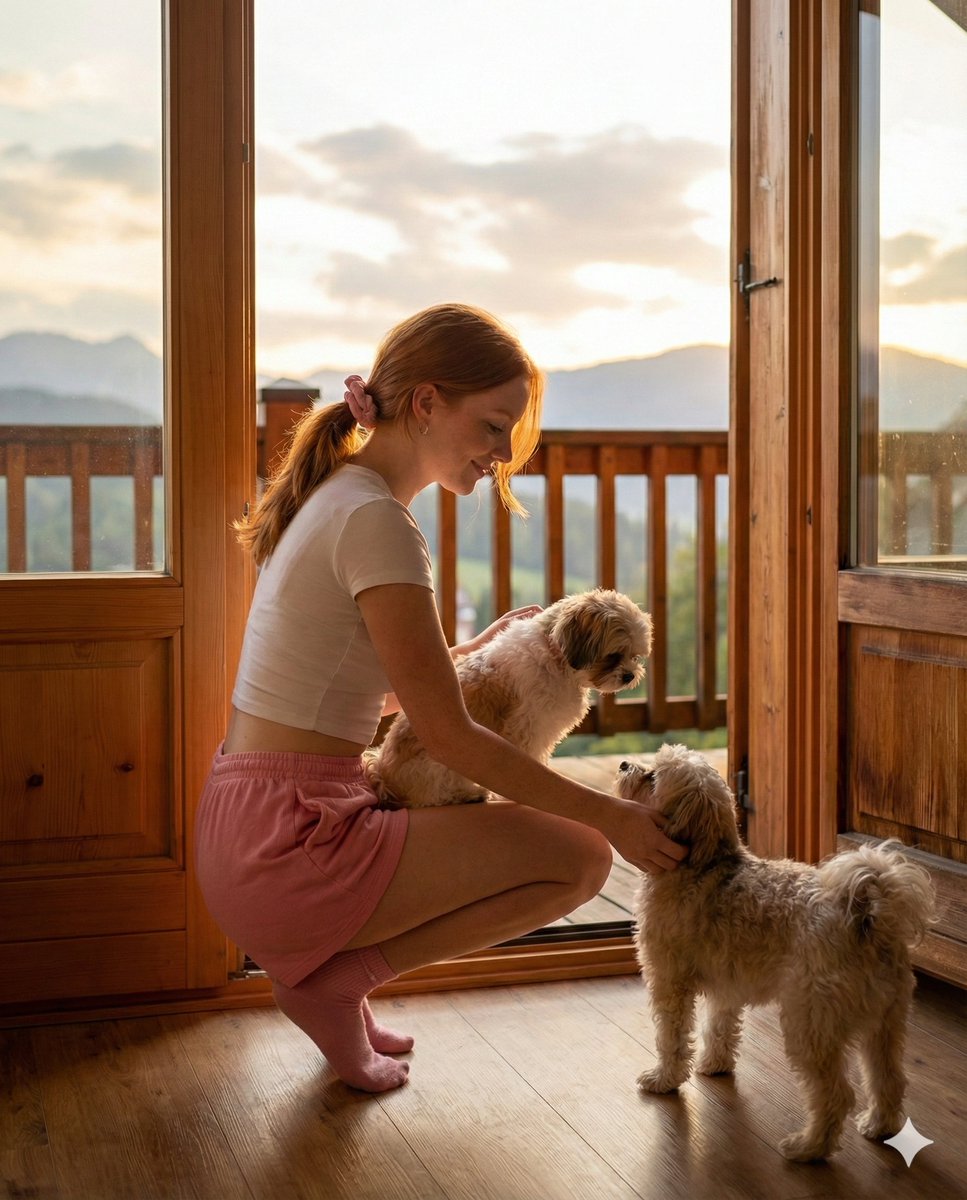 Golden Hour Cabin Portrait with Puppies Prompt — Nano Banana Pro AI Generated Image