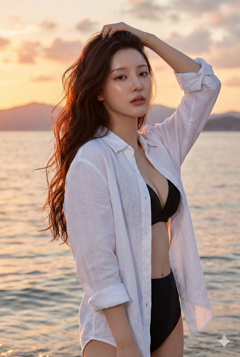 East Asian Woman Beach Portrait at Sunset — Nano Banana Pro AI Generated Image