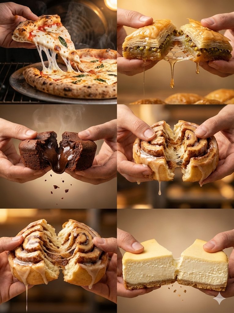 Food Action Photography Series Prompt (Cheese Pull, Syrup Drip) — Nano Banana Pro AI Generated Image