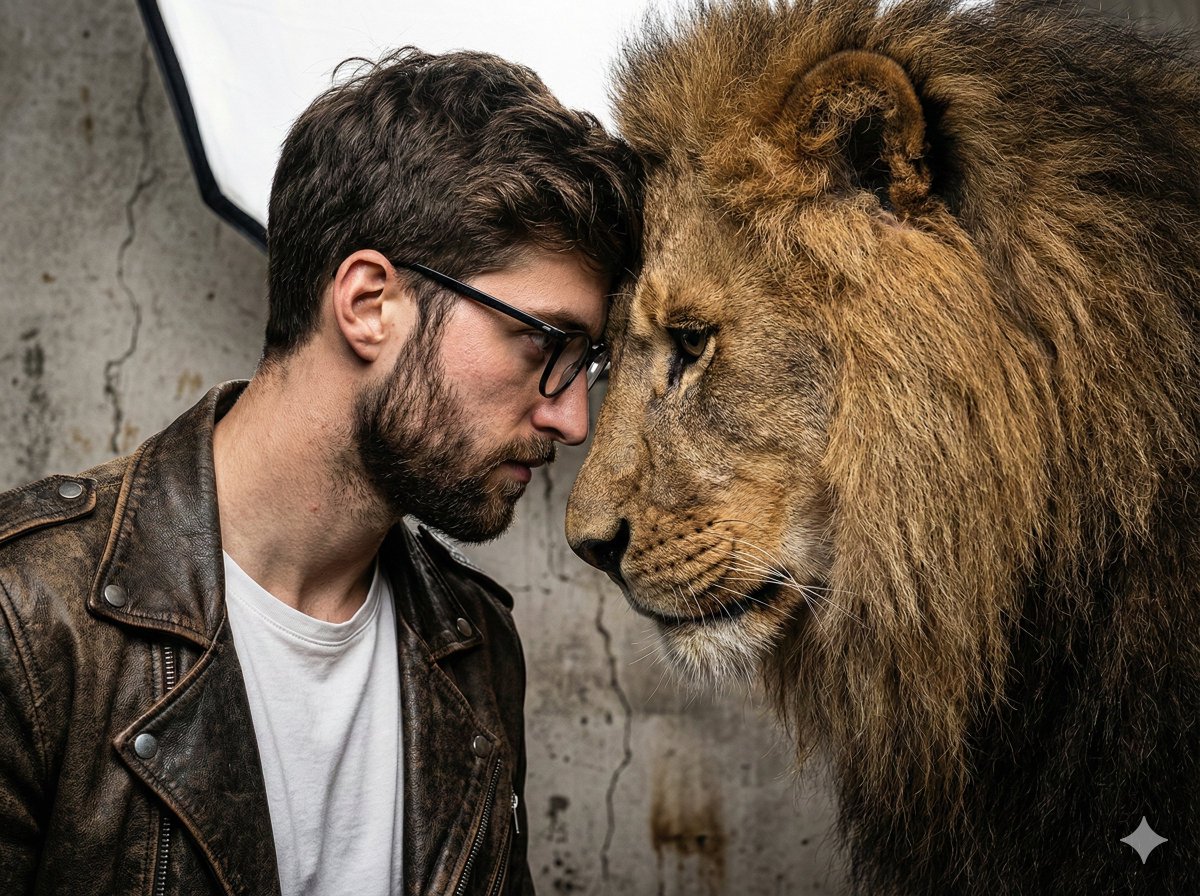 Hyper-Realistic Man and Lion Portrait (Face Preservation) — Nano Banana Pro AI Generated Image