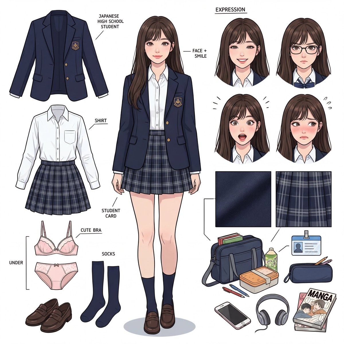 Panoramic Character Concept Sheet for 17-Year-Old Japanese JK — Nano Banana Pro AI Generated Image