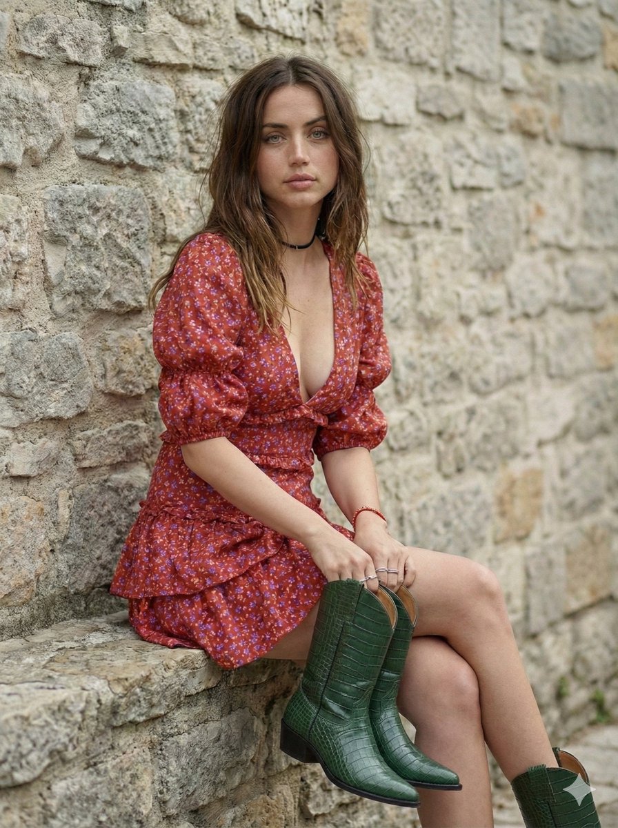 Bohemian Ana de Armas with Cowboy Boot — Nano Banana Pro AI Generated Image