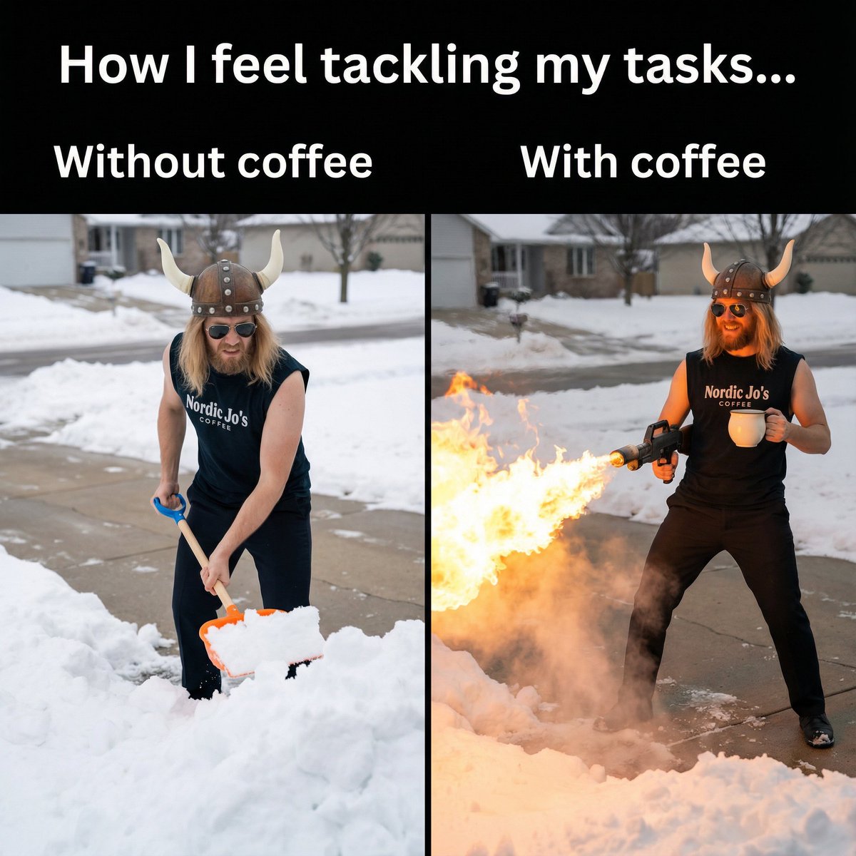 Meme: Shoveling Snow with/without Coffee — Nano Banana Pro AI Generated Image