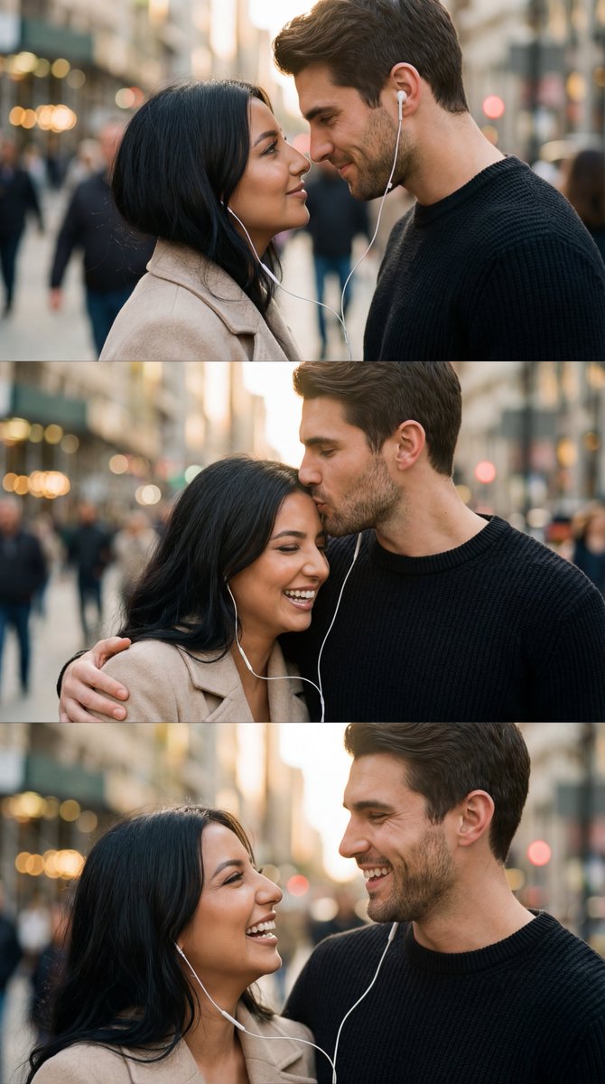 Romantic Cinematic Triptych with Shared Earphones — Nano Banana Pro AI Generated Image