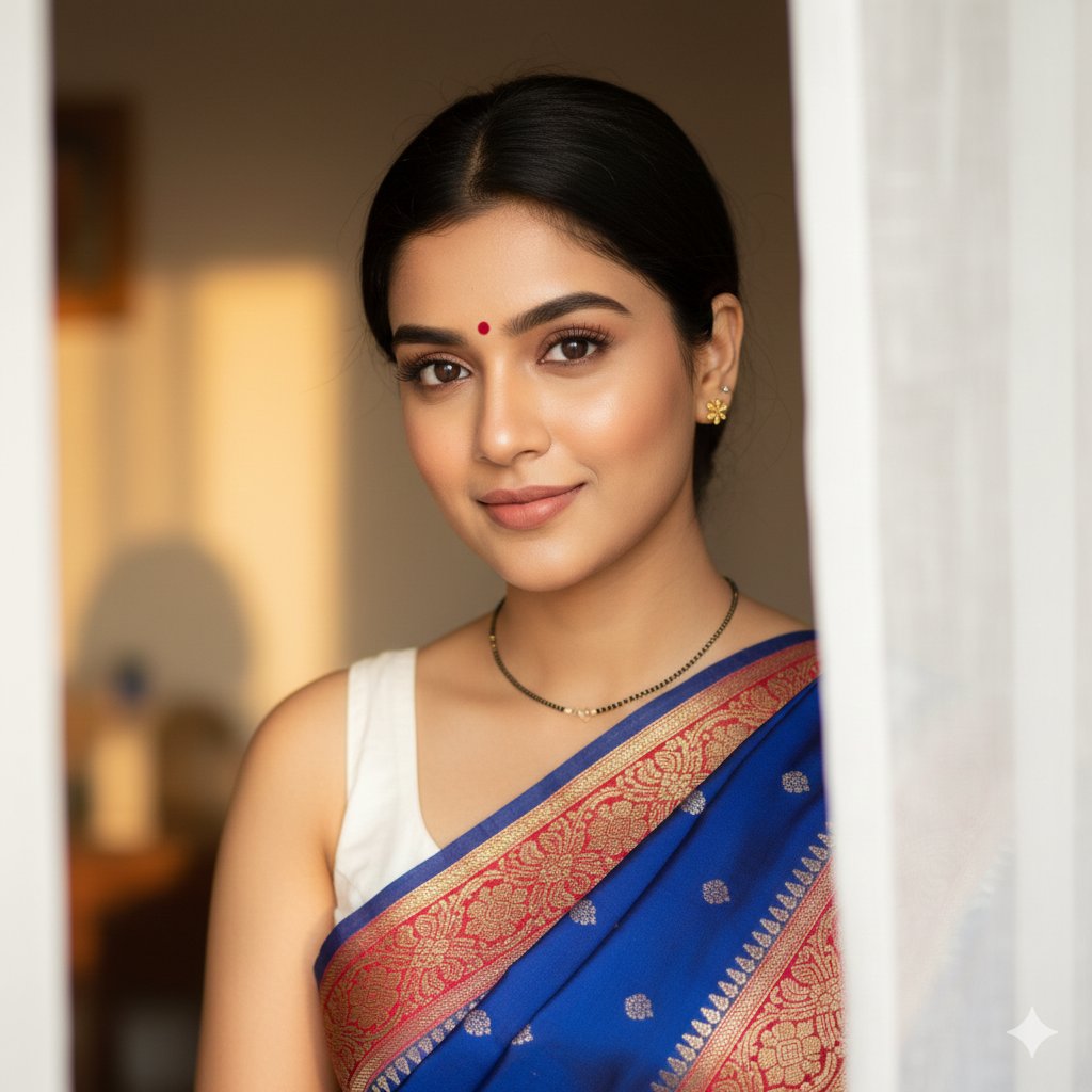 South Asian Woman Portrait with Saree and Sheer Curtains — Nano Banana Pro AI Generated Image