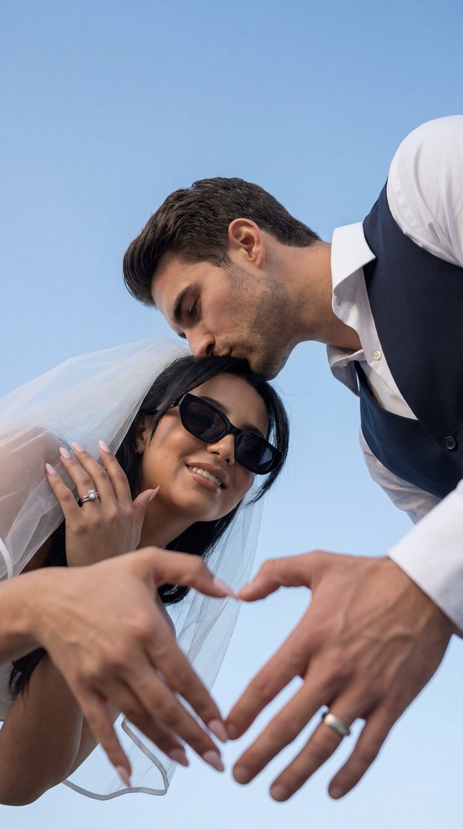 Low-Angle Wedding Editorial with Heart Hands — Nano Banana Pro AI Generated Image