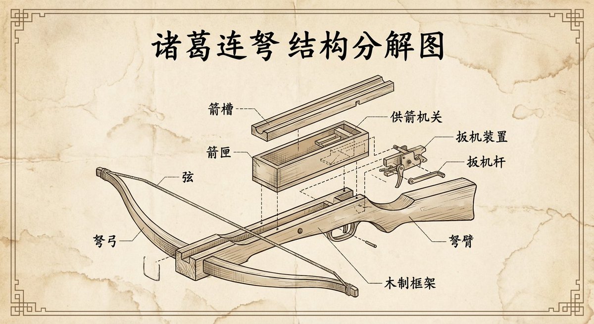 Vintage engineering exploded view of Zhuge repeating crossbow — Nano Banana Pro AI Generated Image