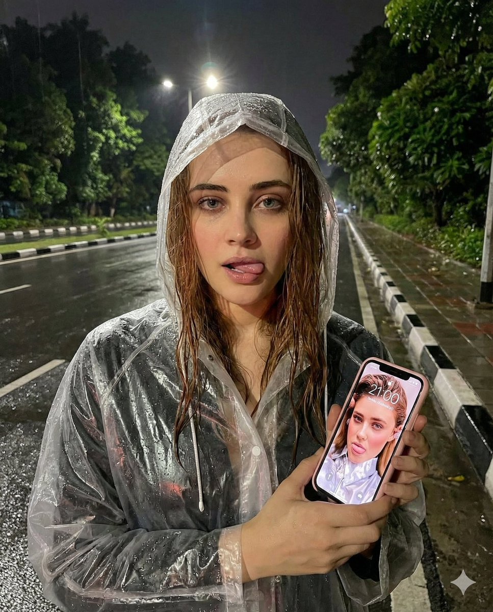 Nighttime Rain Selfie with iPhone Reflection — Nano Banana Pro AI Generated Image