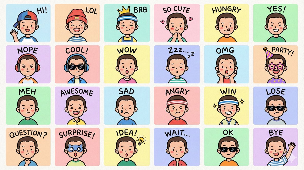 LINE-style Q-version emoji portrait grid — Nano Banana Pro AI Generated Image