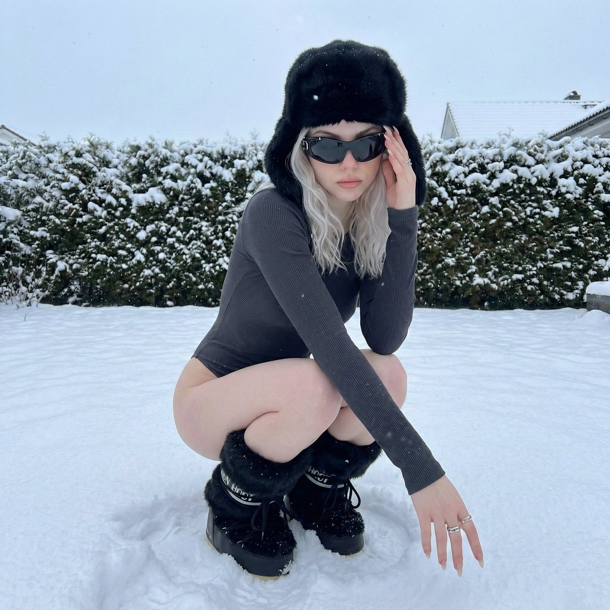 Winter Editorial Low-Angle Squat Pose Prompt (iPhone Style) — Nano Banana Pro AI Generated Image