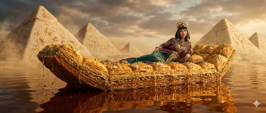Sydney Sweeney as Cleopatra on a Baklava Barge Food Art Fantasy — Nano Banana Pro AI Generated Image