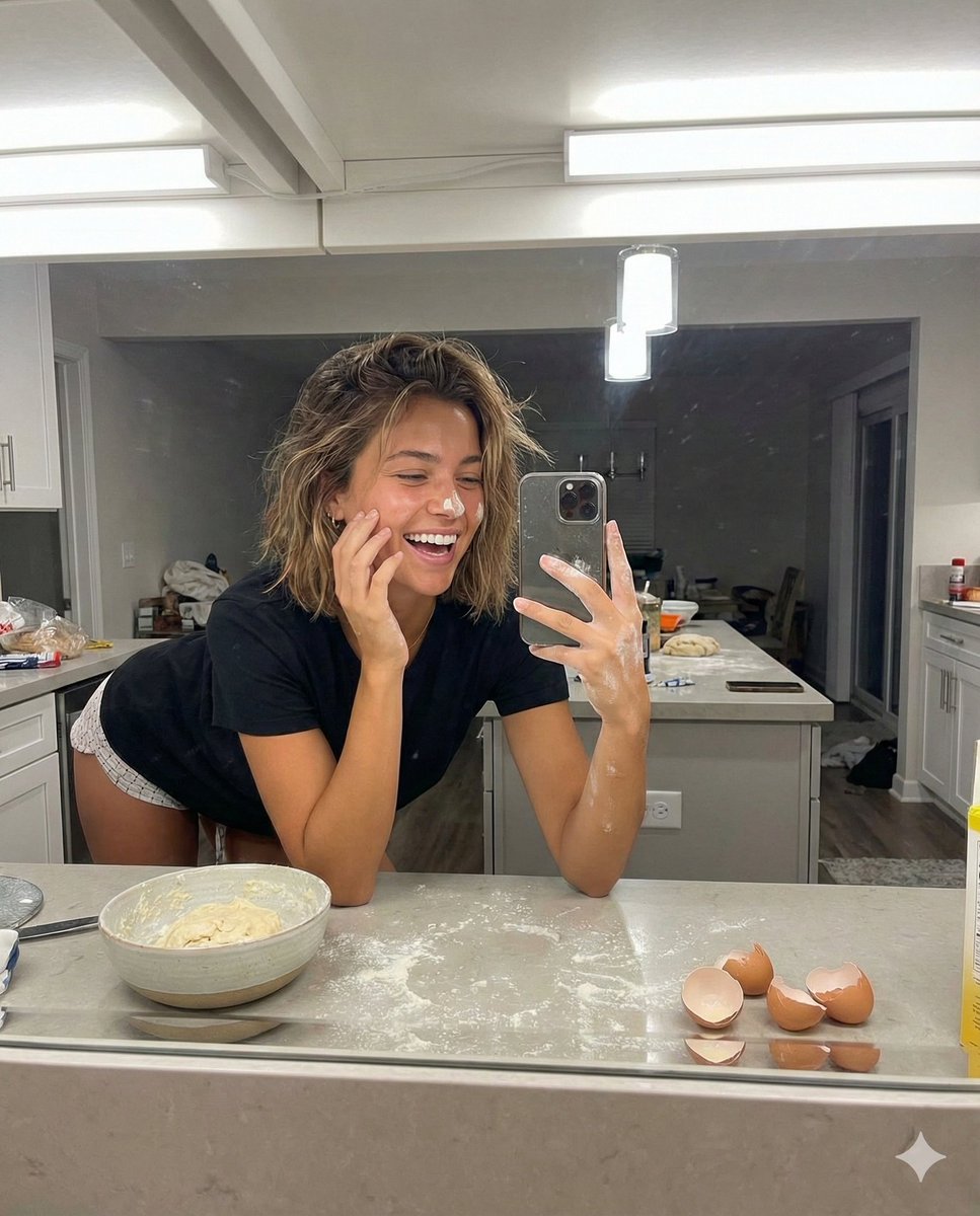 Playful Mirror Selfie in a Messy Kitchen — Nano Banana Pro AI Generated Image