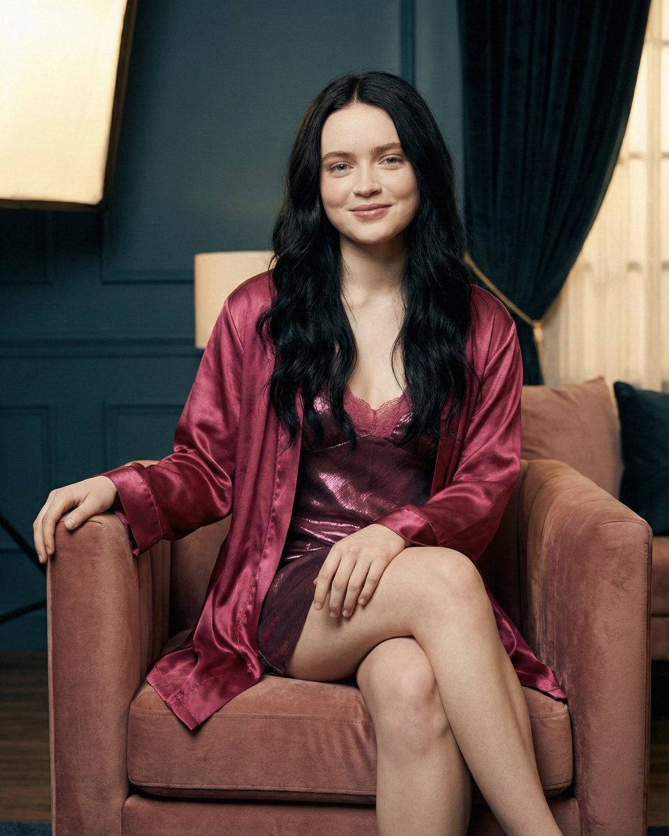 Sadie Sink Boudoir Portrait in Silk Nightwear — Nano Banana Pro AI Generated Image