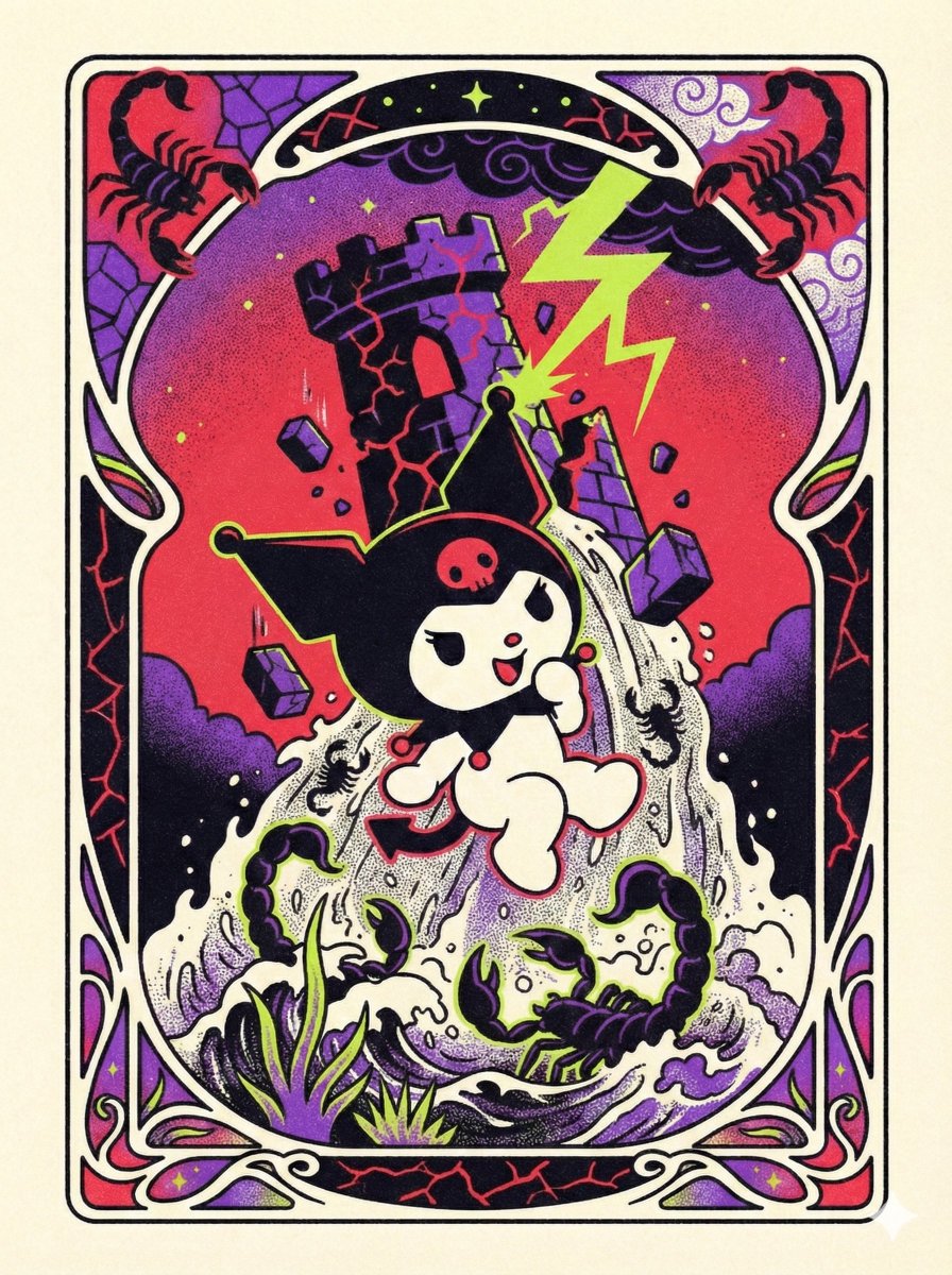 Sanrio Tarot Card Risograph Simulation — Nano Banana Pro AI Generated Image