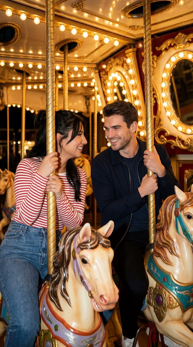 Cinematic Romcom Scene on a Carousel with Identity Lock — Nano Banana Pro AI Generated Image