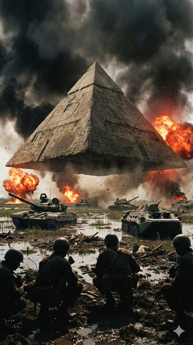 Ancient Pyramid Floating Over a Modern Battlefield — Nano Banana Pro AI Generated Image