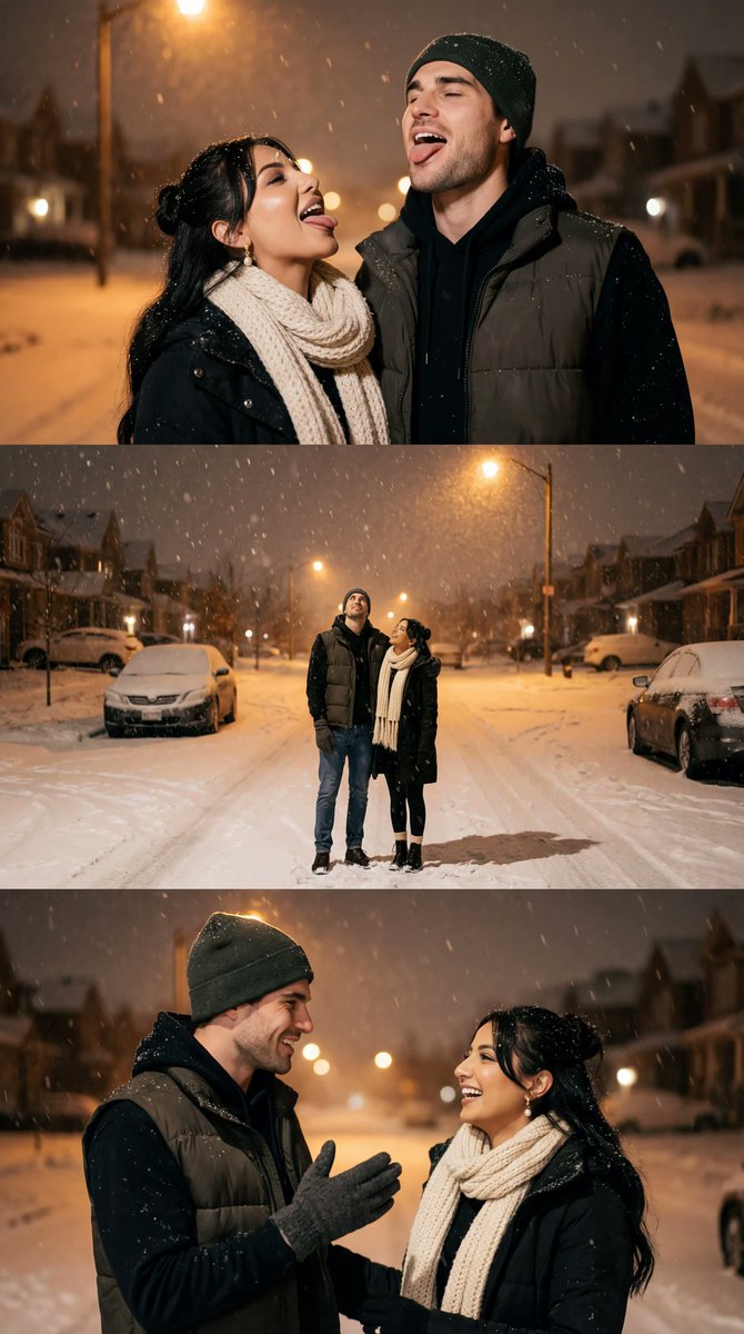 Cinematic Winter Night Couple Triptych — Nano Banana Pro AI Generated Image