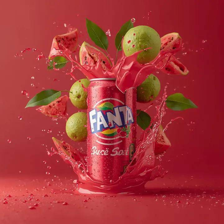 Exploding Fanta Goiaba Soda Can Product Shot — Nano Banana Pro AI Generated Image