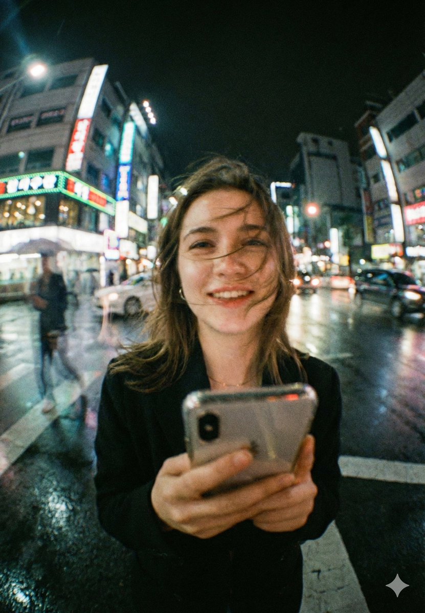 Neon City Night Portrait with Wide-Angle Distortion — Nano Banana Pro AI Generated Image