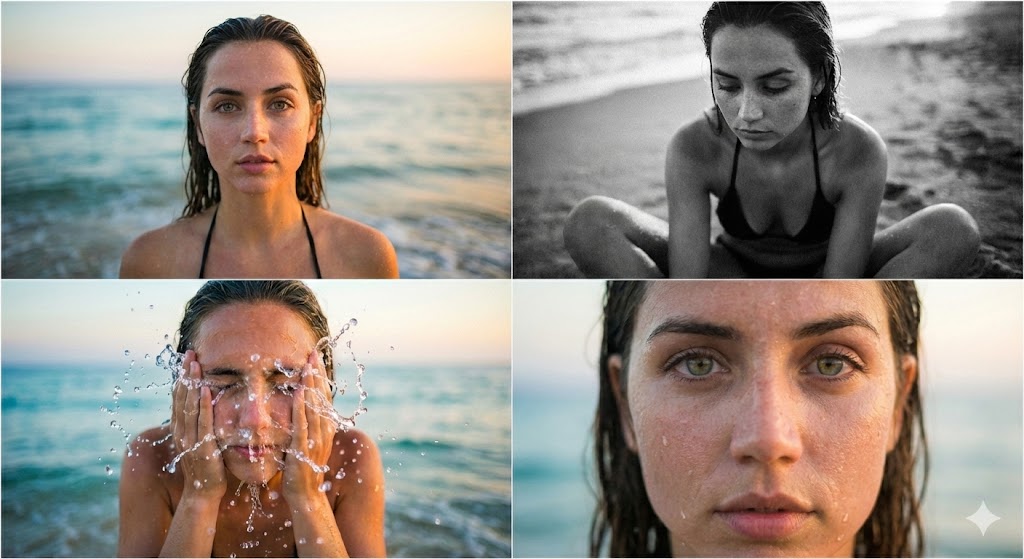 Ana de Armas Cinematic Beach Collage Prompt — Nano Banana Pro AI Generated Image