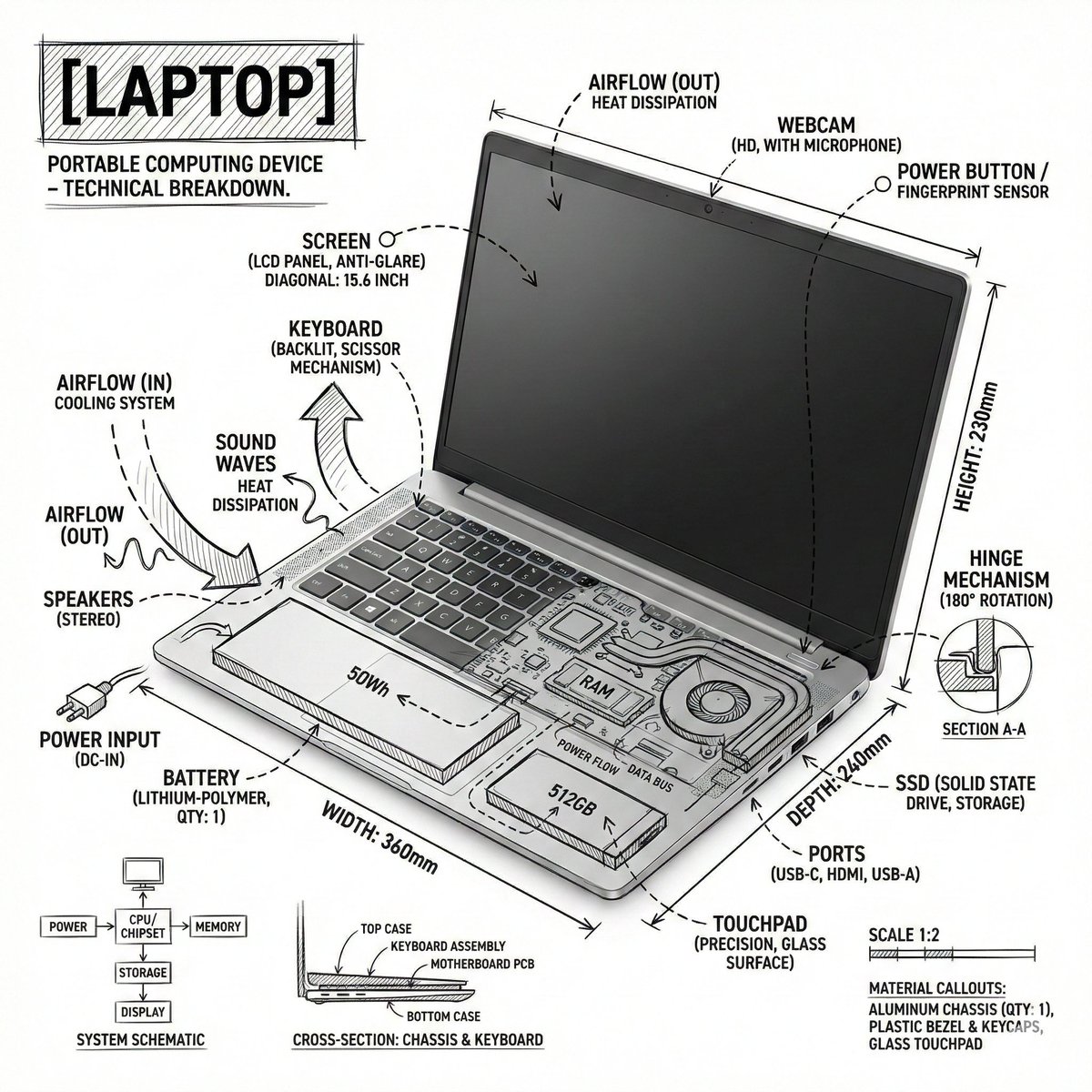 Technical Infographic Overlay on a Laptop Image — Nano Banana Pro AI Generated Image