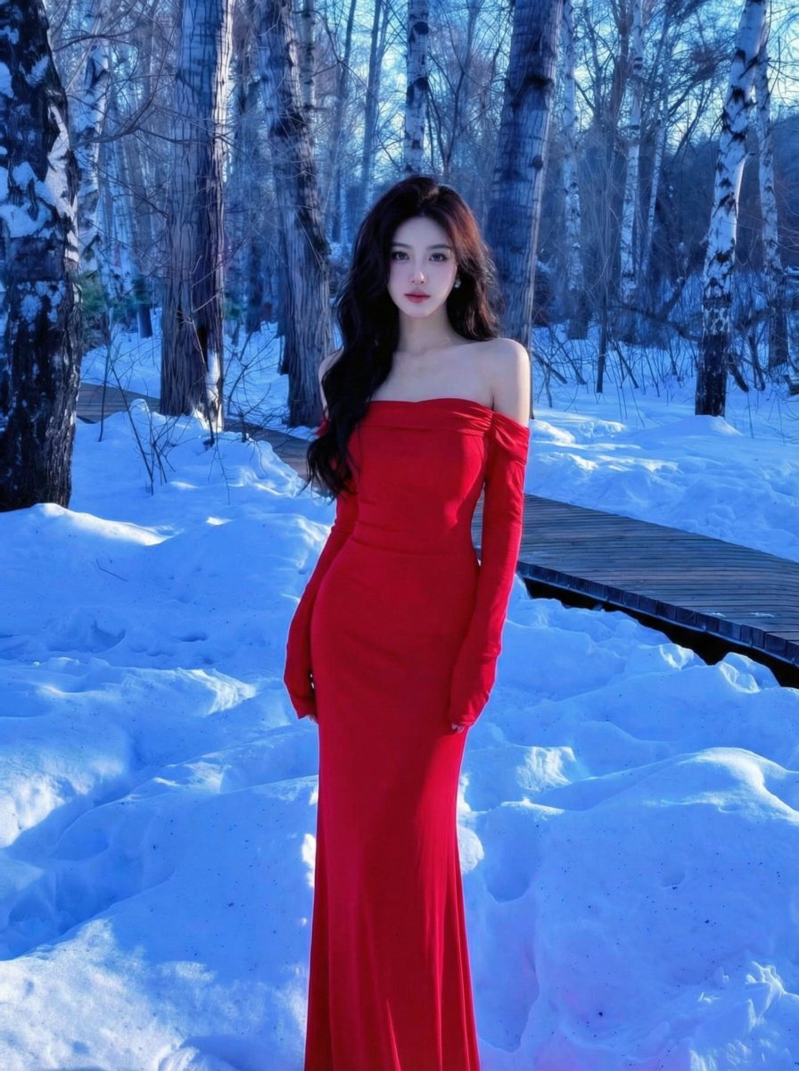 Dramatic Red Dress in Snowy Birch Forest — Nano Banana Pro AI Generated Image