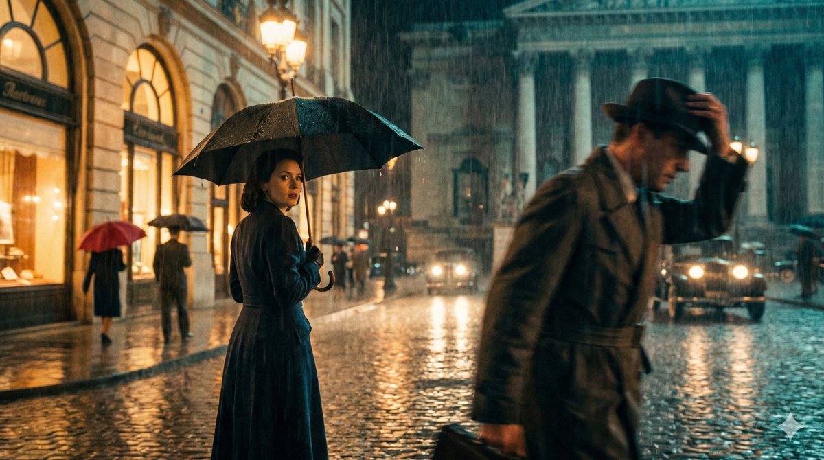 Cinematic rainy urban scene JSON prompt — Nano Banana Pro AI Generated Image