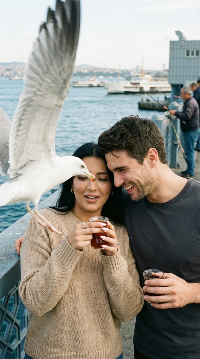 Photorealistic Candid Street Romance Prompt (Galata Bridge) — Nano Banana Pro AI Generated Image