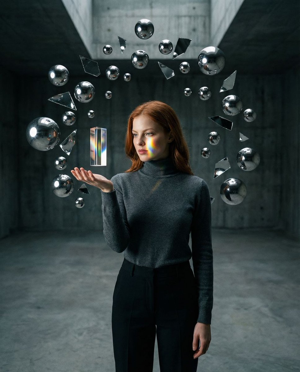 Surreal Brutalist Portrait with Kinetic Chrome Orbits Prompt in JSON — Nano Banana Pro AI Generated Image