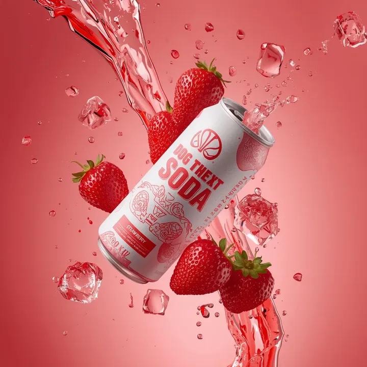 Zero-Gravity Product Video Prompt (Strawberry Soda) — Nano Banana Pro AI Generated Image