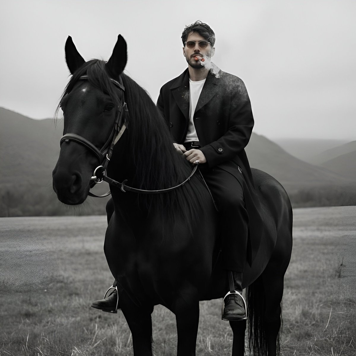 Cinematic Black and White Portrait Prompt of Man with Horse and Cigar — Nano Banana Pro AI Generated Image