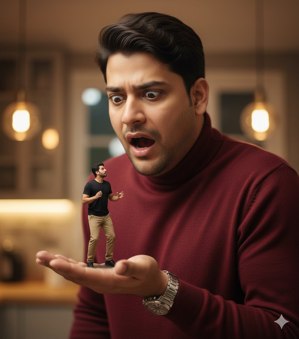 Surrealist Forced Perspective Giant/Miniature Man Prompt — Nano Banana Pro AI Generated Image