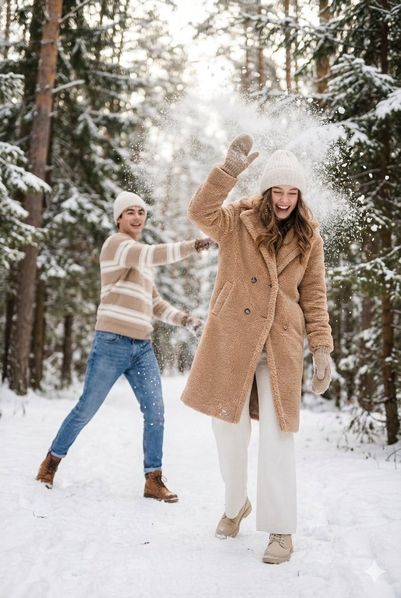 Cinematic Winter Scene Prompt of Couple Throwing Snow — Nano Banana Pro AI Generated Image