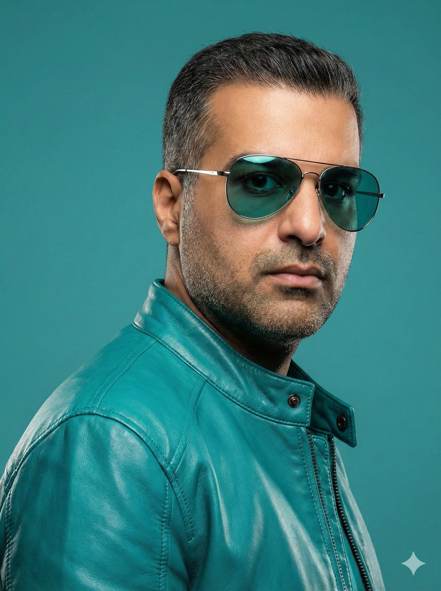 Teal Leather Jacket Studio Portrait Prompt — Nano Banana Pro AI Generated Image