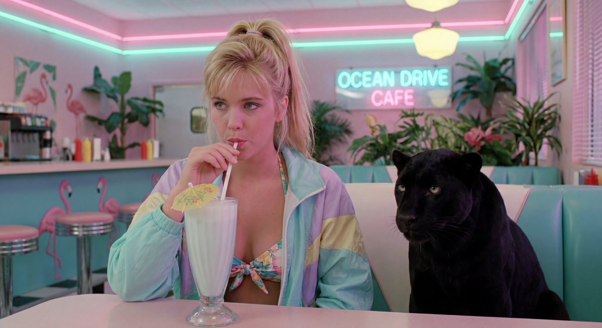 80s Miami diner bikini selfie with panther — Nano Banana Pro AI Generated Image
