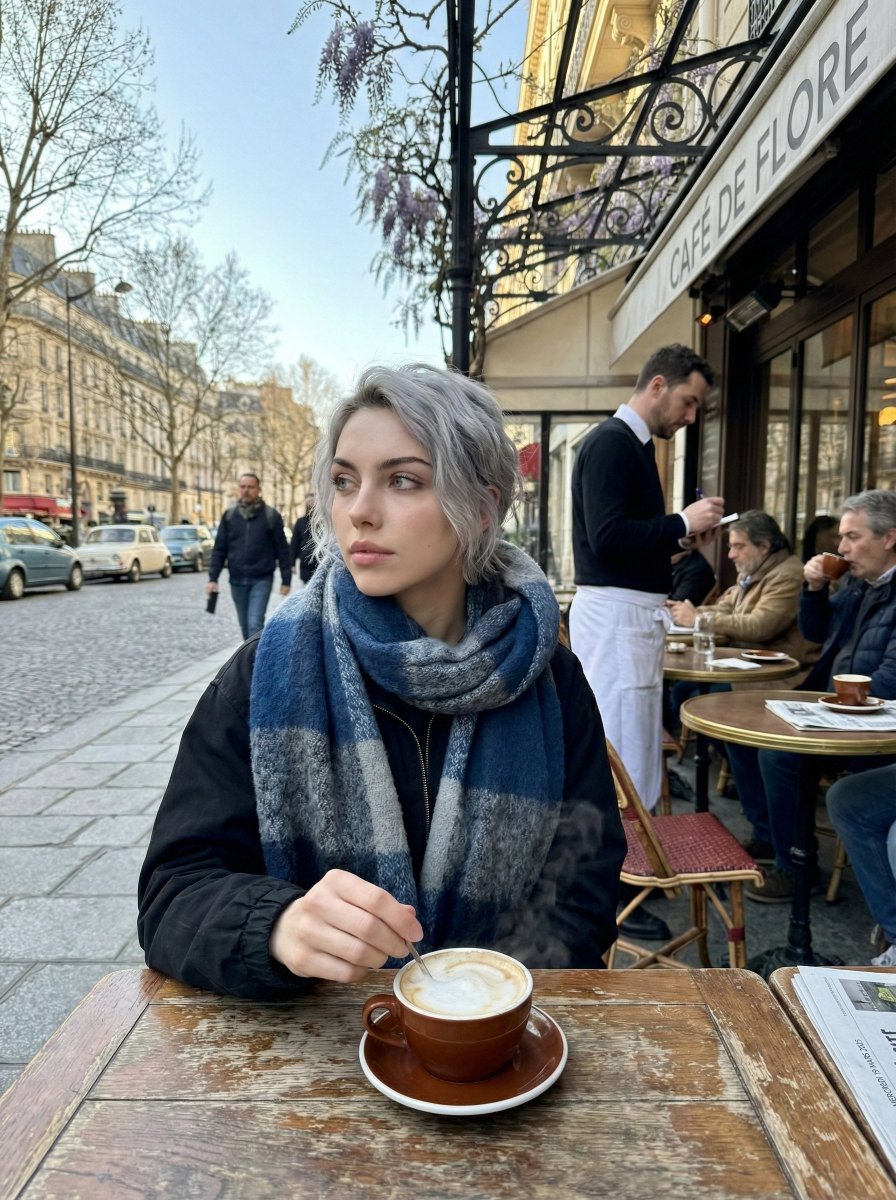 Paris Marais cafe terrace portrait prompt — Nano Banana Pro AI Generated Image