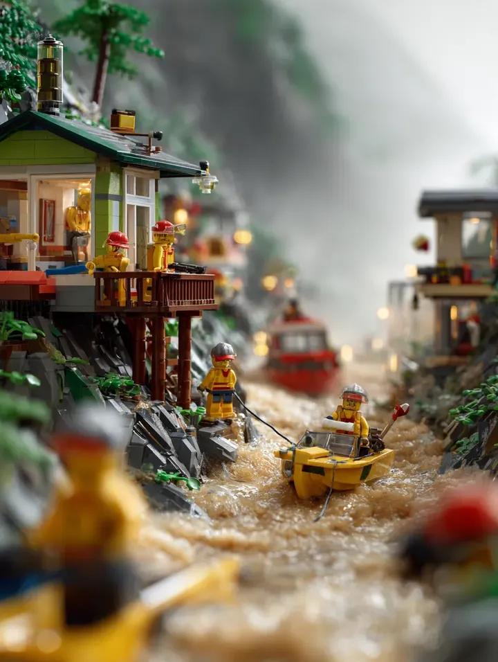 LEGO Mountain Flood Rescue Scene Prompt — Nano Banana Pro AI Generated Image
