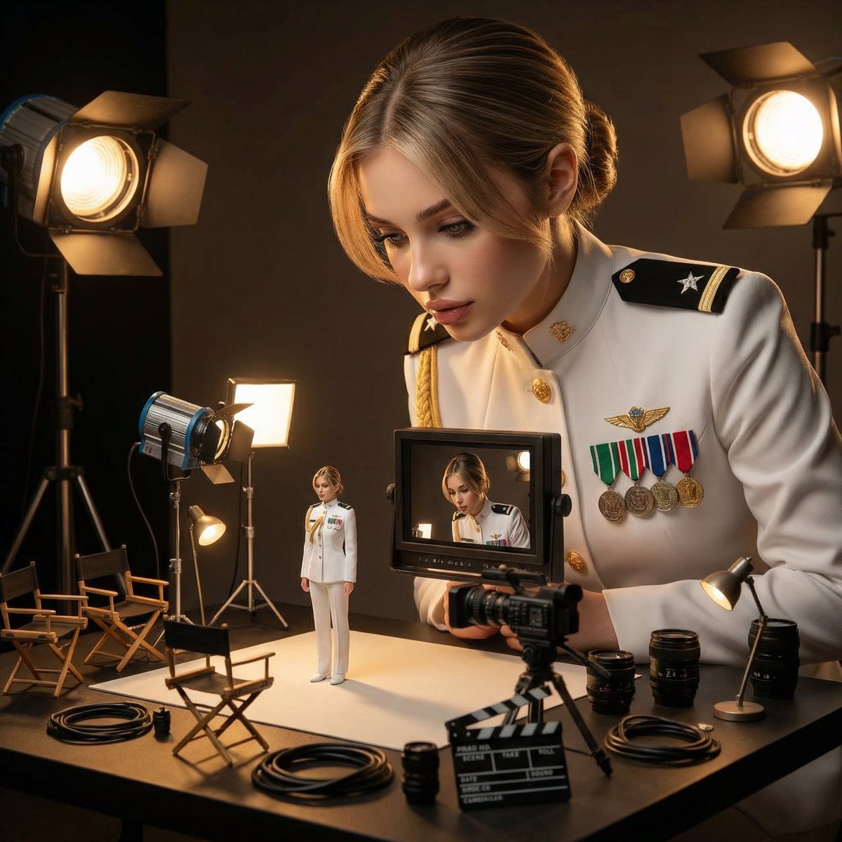 Cinematic Studio Scene of Woman Supervising Miniature Self — Nano Banana Pro AI Generated Image